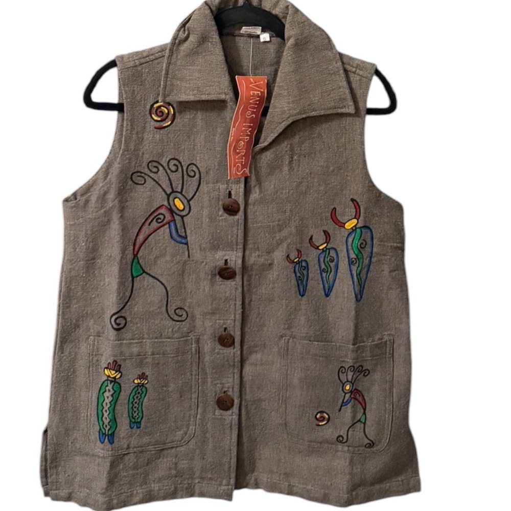 Vtg 90s Venus Imports Kokopelli Embroidered Vest Cotton Boho Lagenlook Sz S
